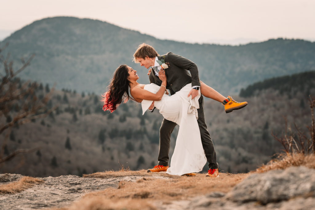 bride wearing hiking boots in nc elopement