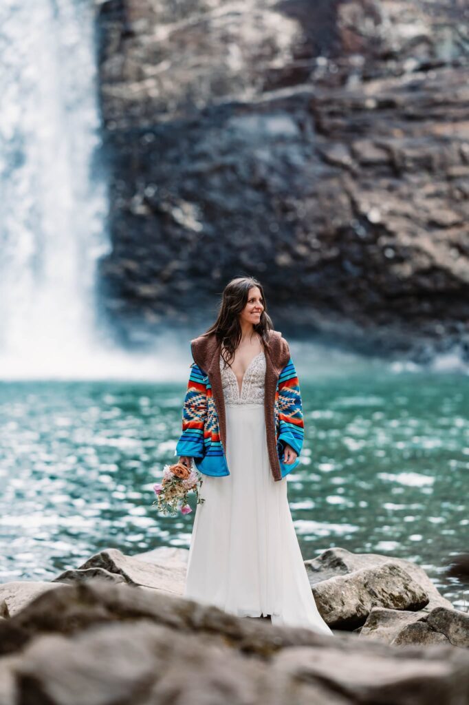 a bride at foster falls after her elopement