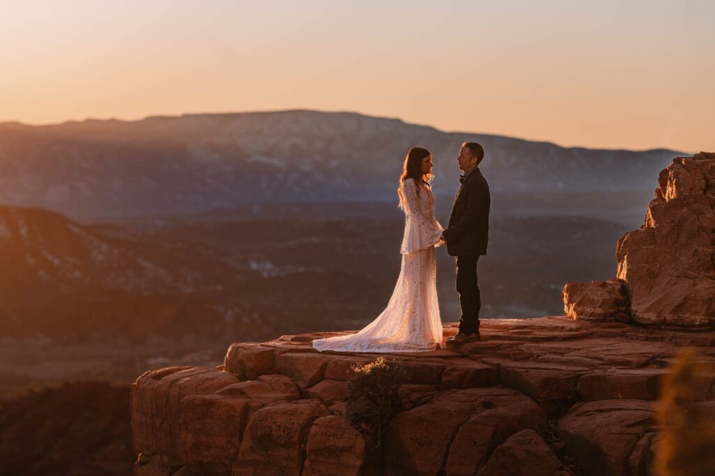 blue hour in sedona while a couple elopes